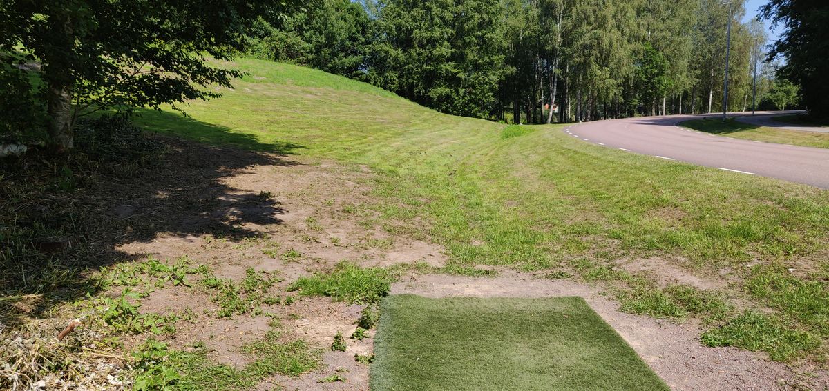 Hål 7, hitta luckan rakt mot korg eller ta hyzervägen in mellan träden. Se upp för vägen för hela högersidan är ob.