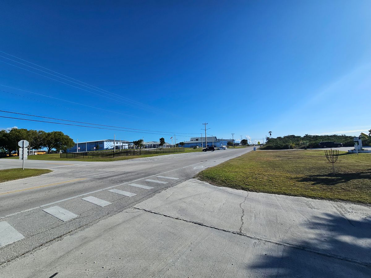 Bonus hole 7 view, tee pad across road by trees. Shot across road to red basket in distance on right.
