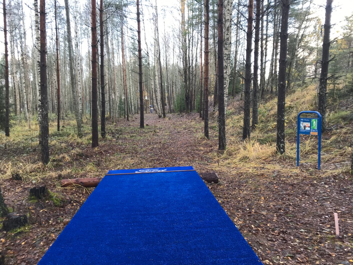7-väylä: 64m, Par3 (suorahko väylä, mutta keskellä olevat puut täytyy kiertää vasen/oikean kautta)