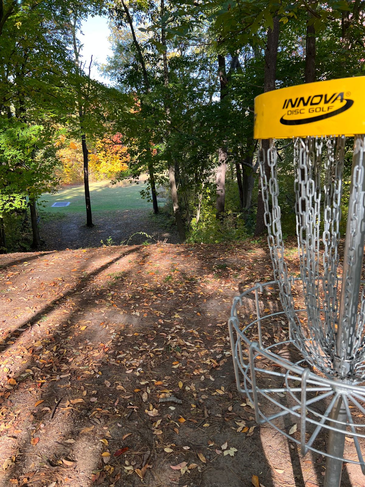 Hole 9 basket looking back down the hill (short tee pad in view)