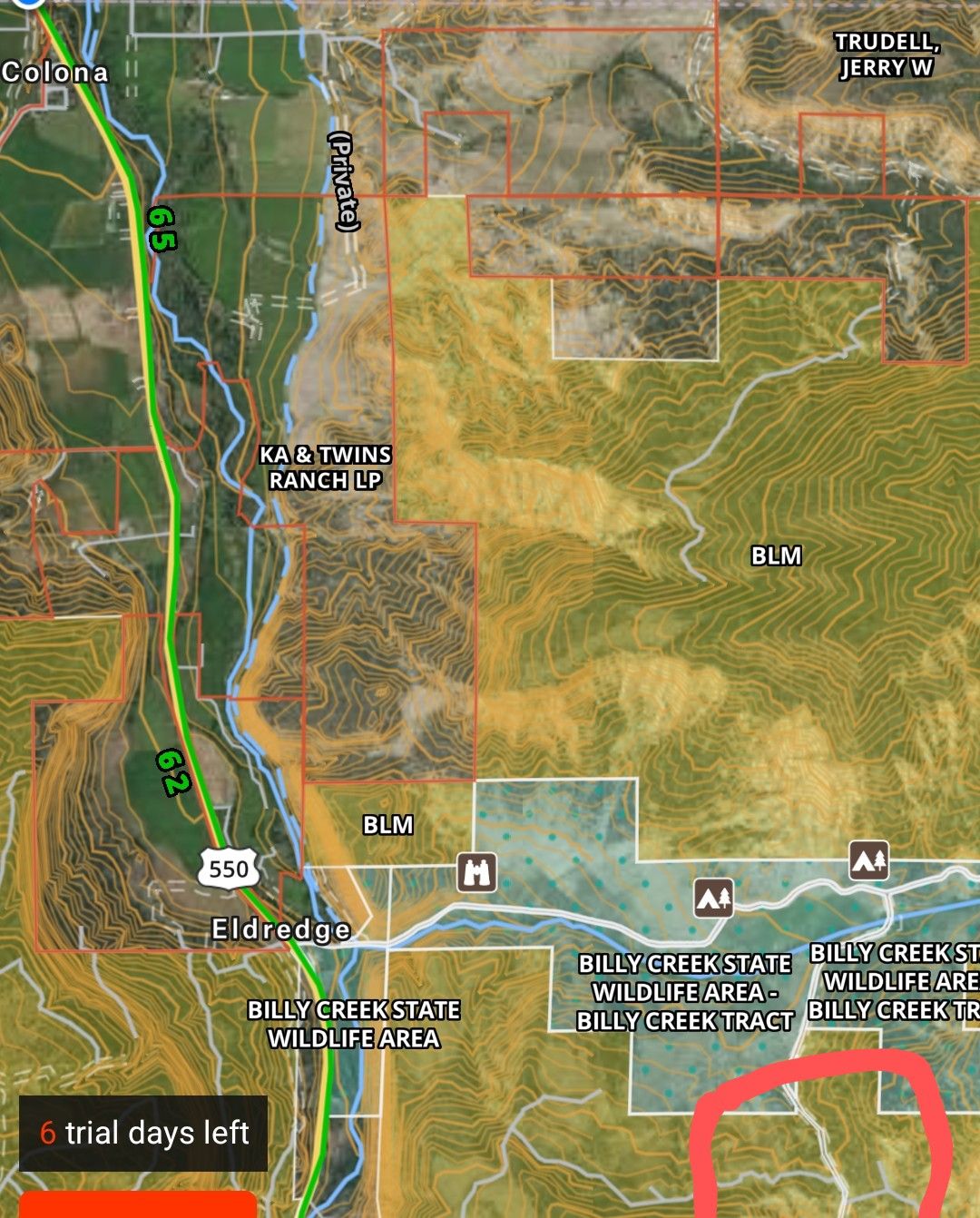 BLM camping areas in yellow.