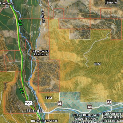 BLM camping areas in yellow.