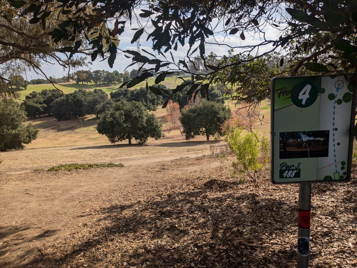 Hole #4, my favorite, you are looking past the two foward trees, slightly left for basket. You're throwing off a sidewalk, no tee pad.