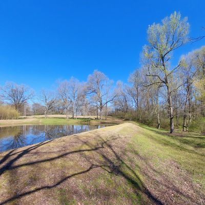 Hole 1's basket at the end of the levee.