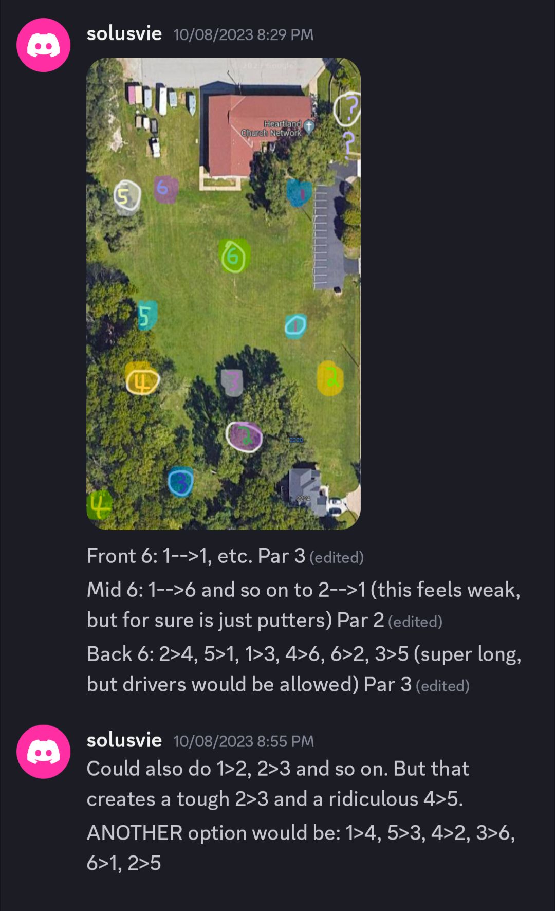 How to play the Heartland 18: front 6 mids/putters par 3s, mid 6 putters only par 2s, and back 6 drivers/mids/putters par 3s. Better with the suggested disc restrictions.