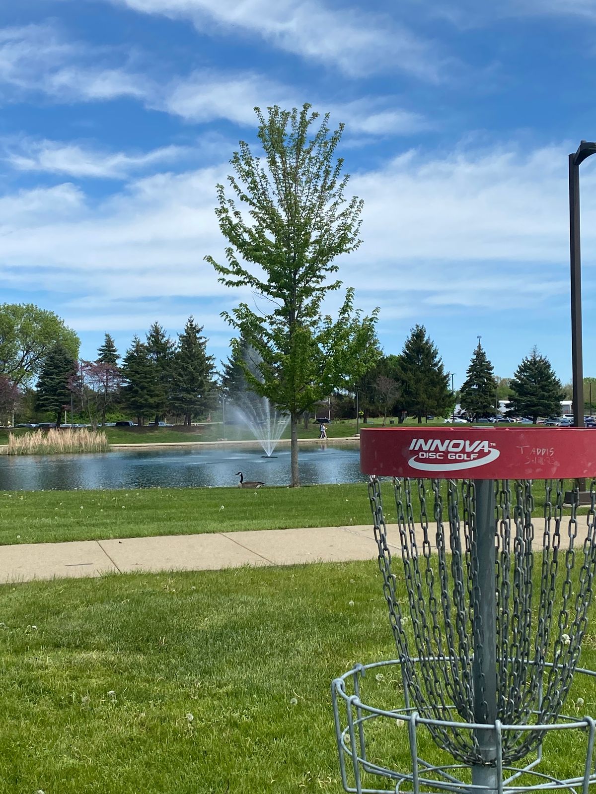 A picturesque view of the fountain behind basket 1