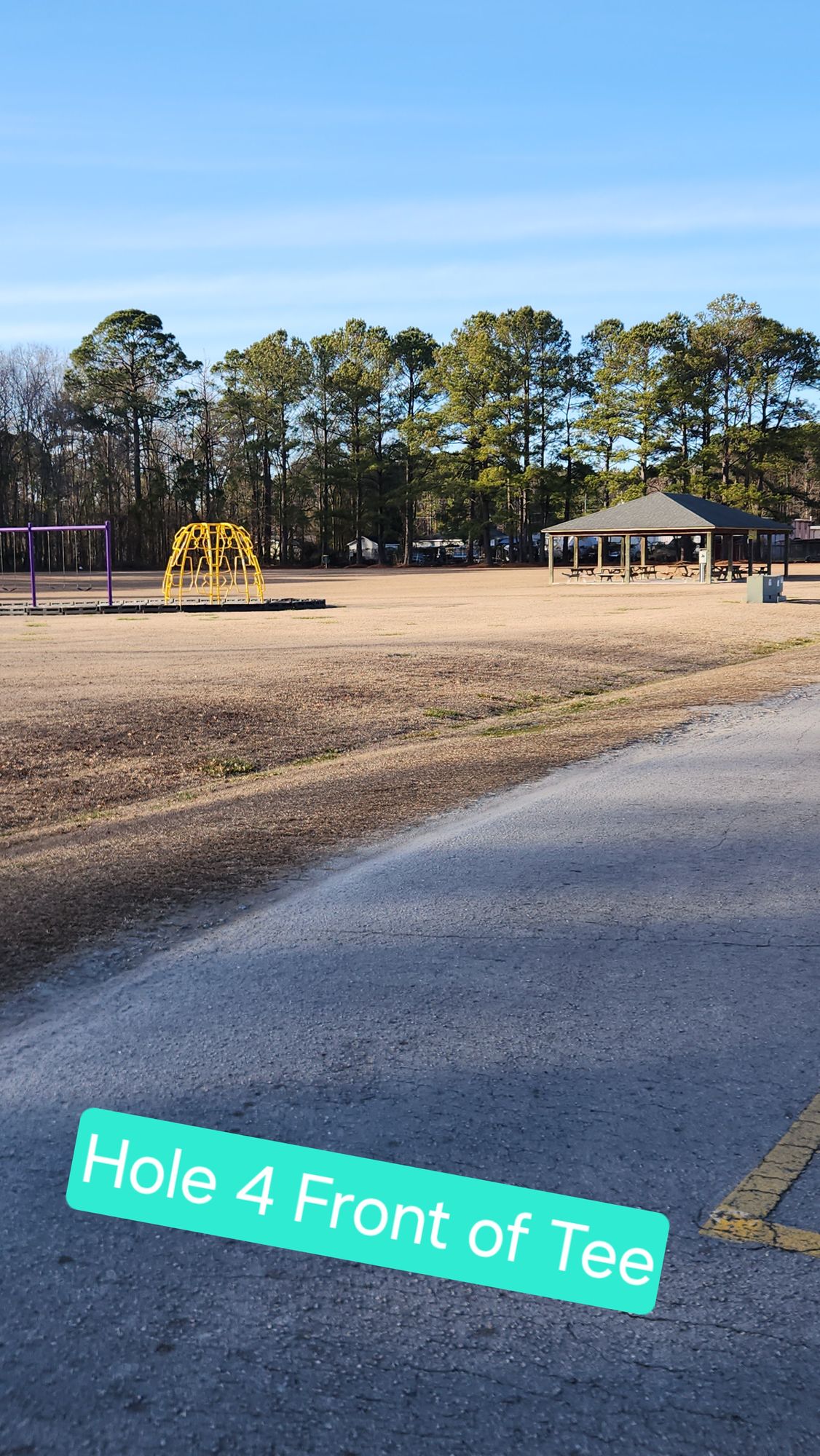 Hole 4 

OB if disc ends surrounded by pavement or lands in Pavillion or play ground. 

Mando right of playground and left of Pavillion.