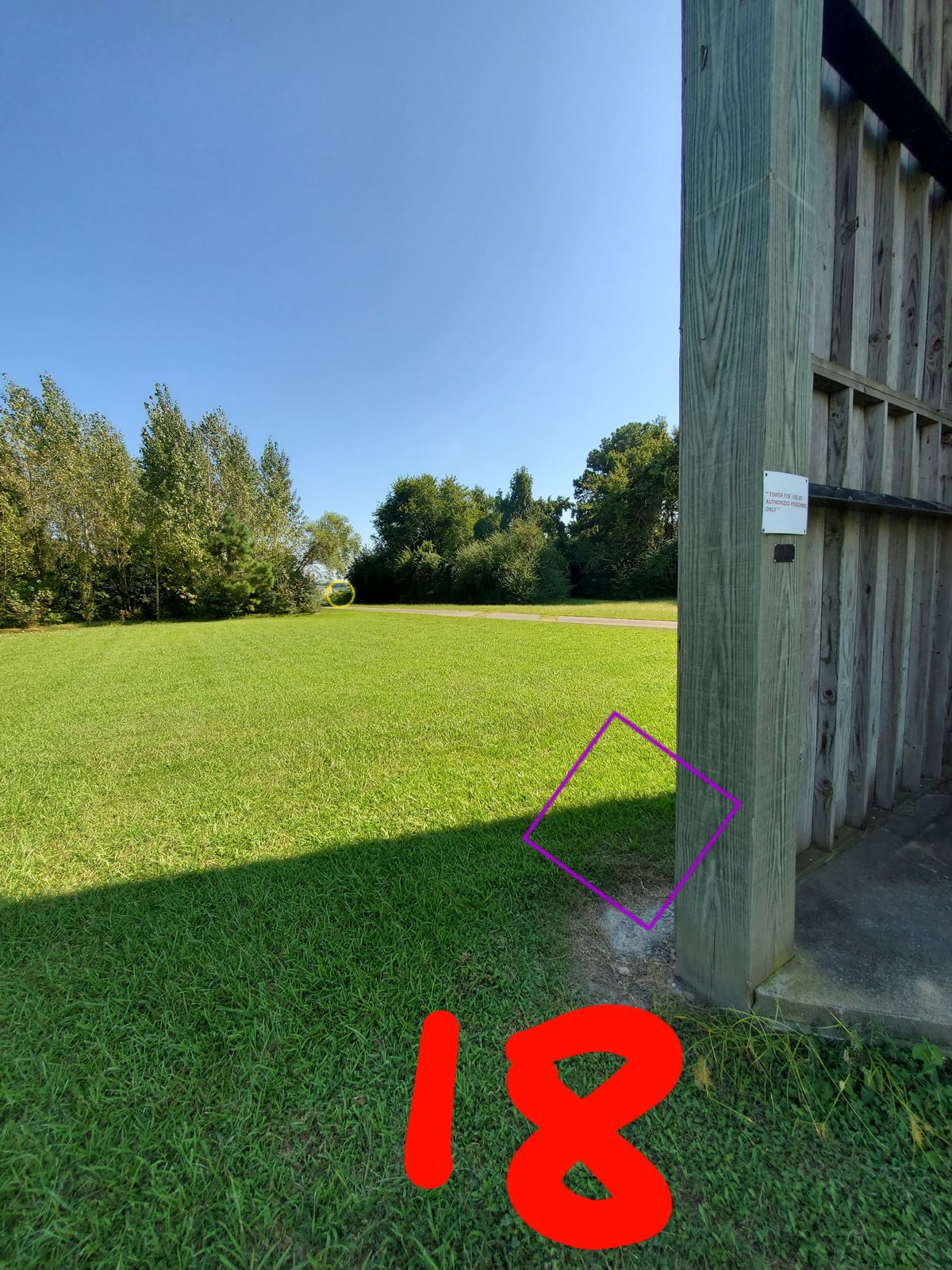 Hole 18
Shoot from in front of tower
Basket is down the road to the right.