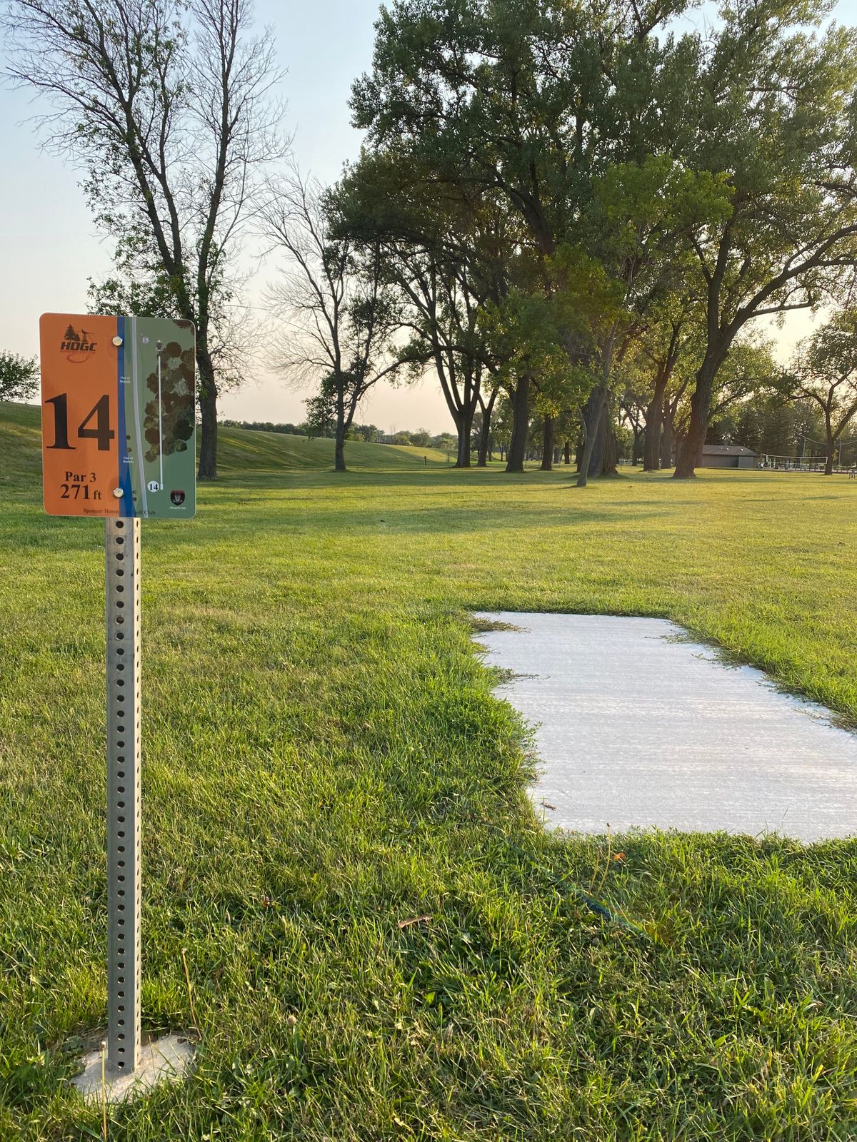 #14 throws to basket #5 straight ahead.  Careful of the river on the left over the dike.