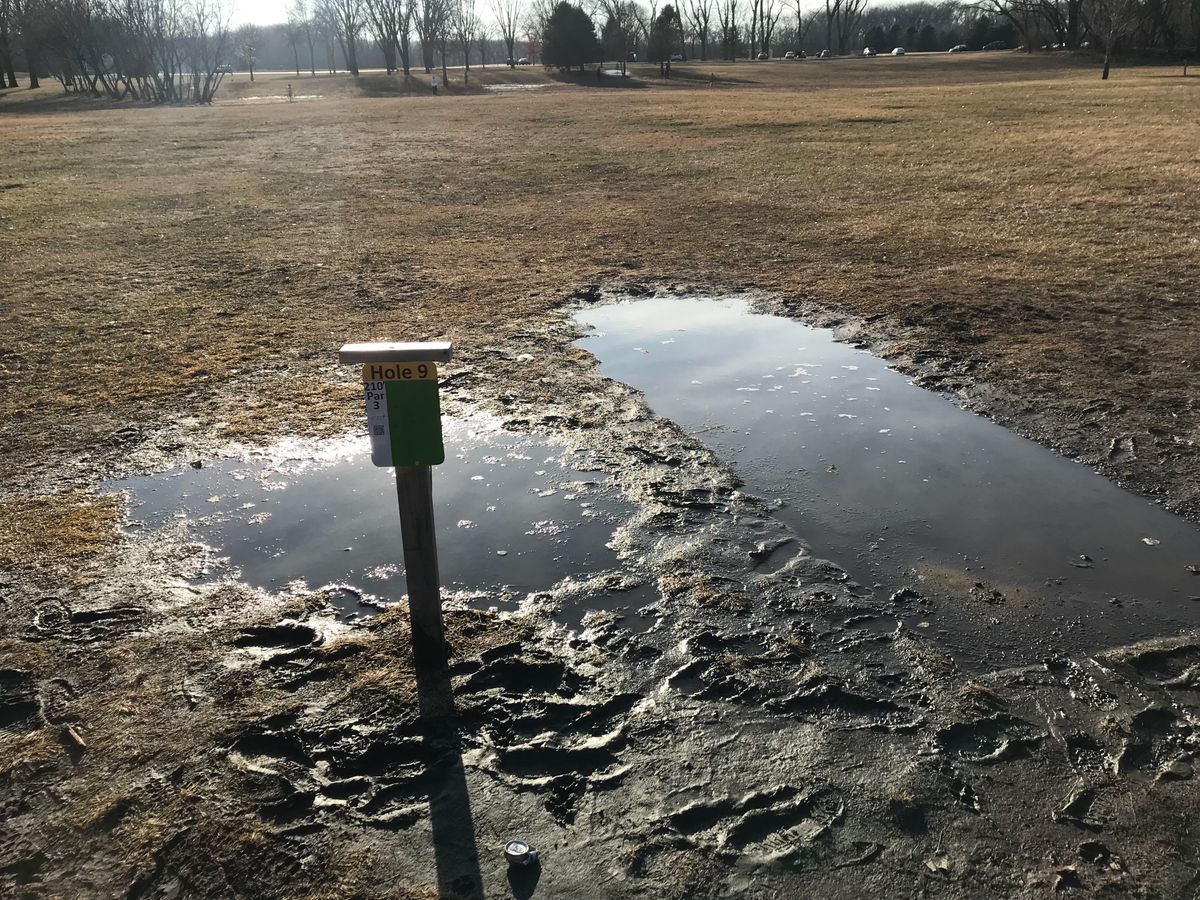 About an inch of water on tee 9 and 14’s long tee. 3/6/21. There’s an ice back around 15’s basket.