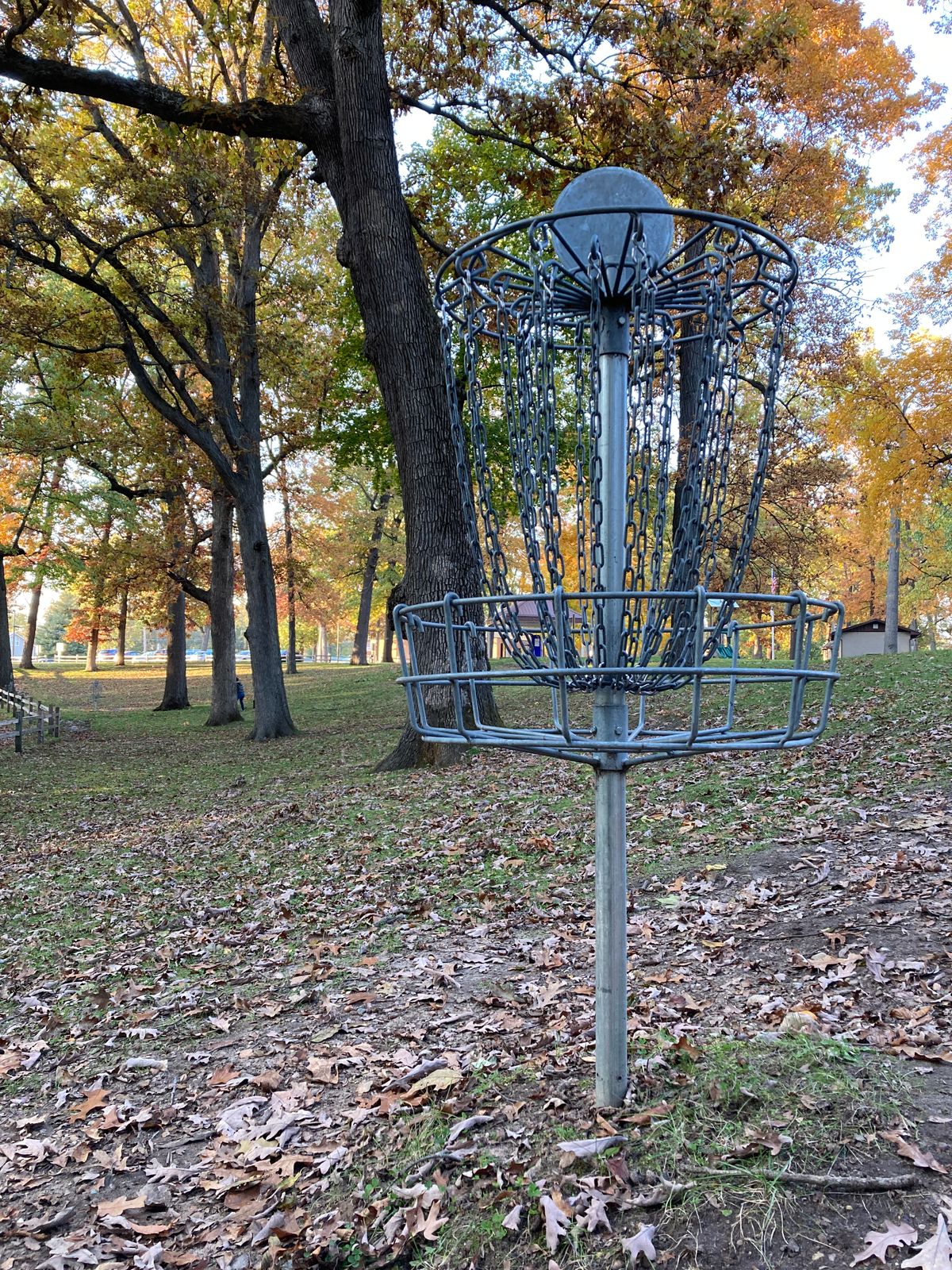 Basket 04 from behind, facing the tee pad. Basket 01 can be seen on the far left.