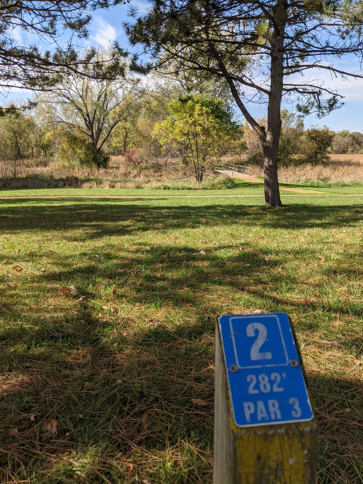 Hole 2, basket across bridge to the left