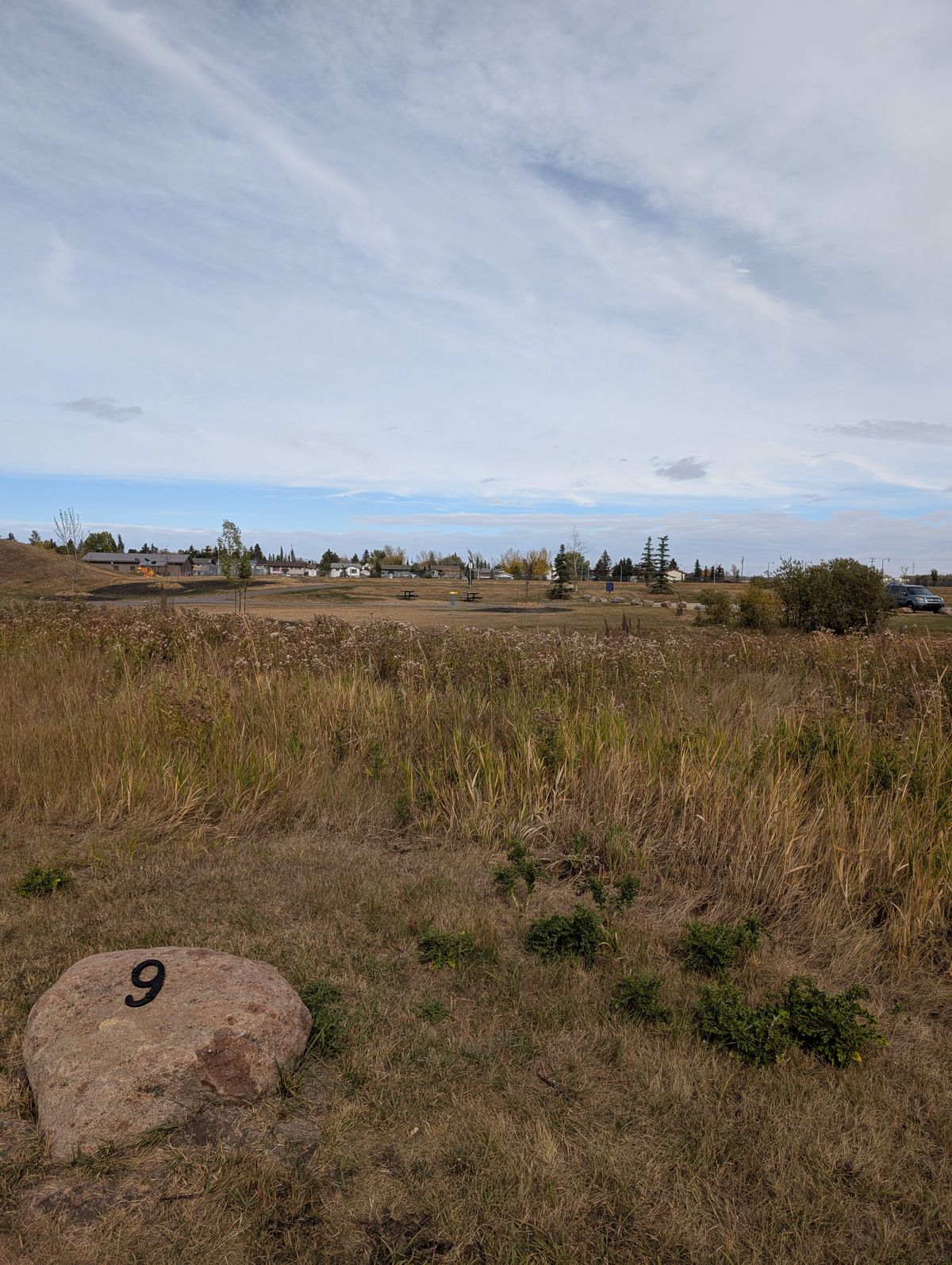 Hole 9. Over the reeds and slightly left