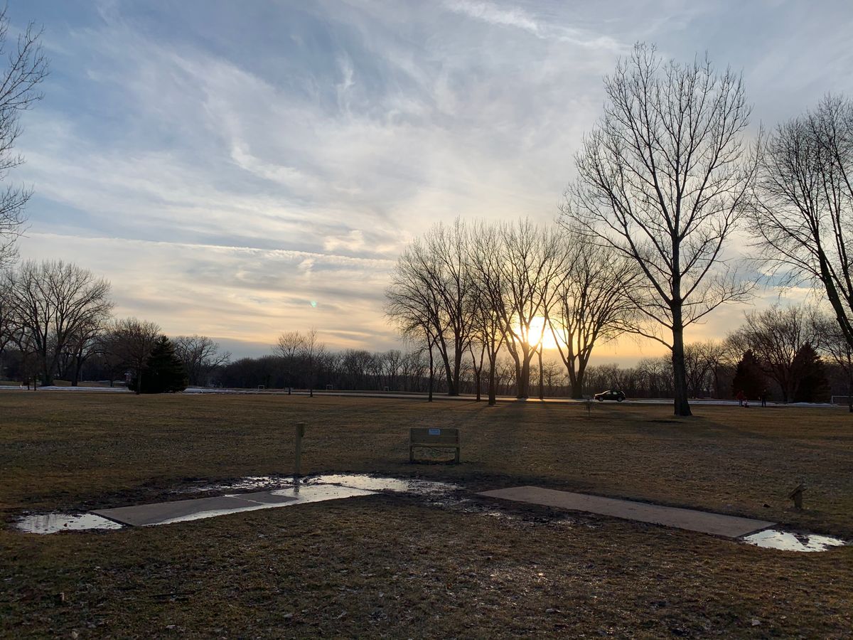 Beautiful sunset with the teepads for hole 7 and 11.