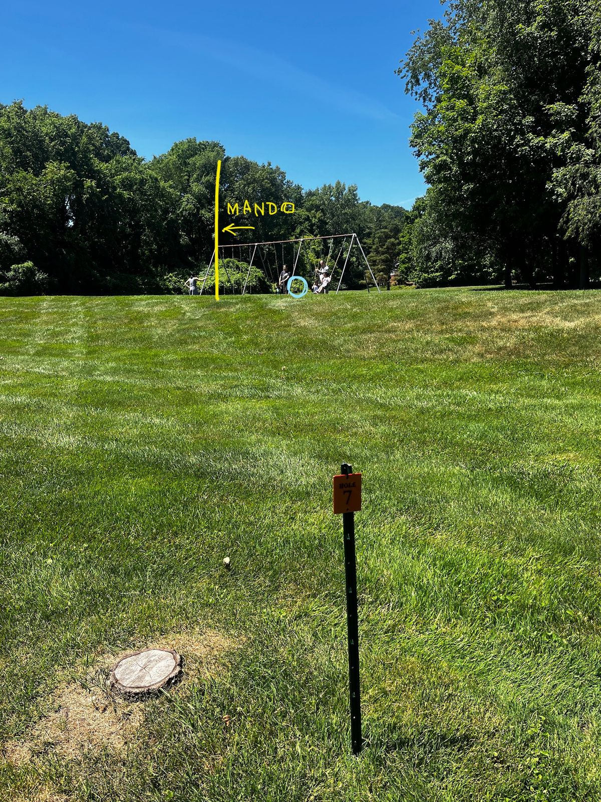 Hole 7. Mando to the left of the left top corner of the swing set.