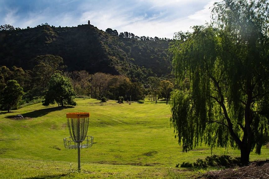 Peak of Mount Gambier as backdrop to Basket 10 of Advanced & Amateur layouts & Hole 18 of Pro
