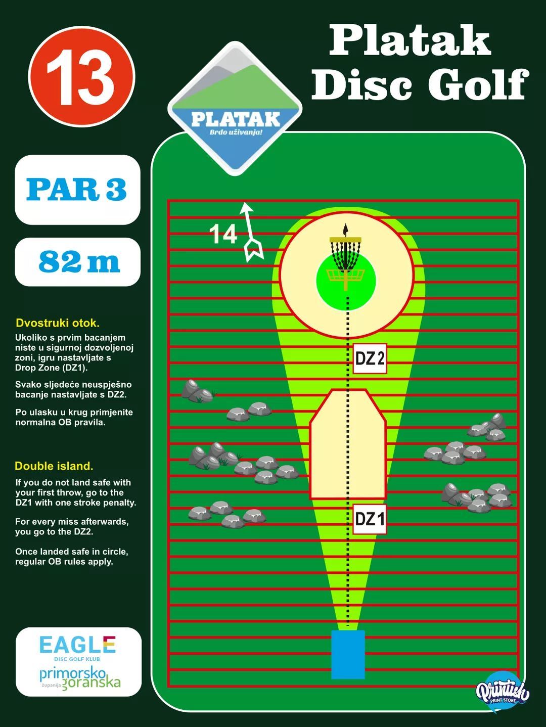 If you do not land safe with your first shot, go to the DZ1 with one stroke penalty. For every miss afterwards you go to DZ2...