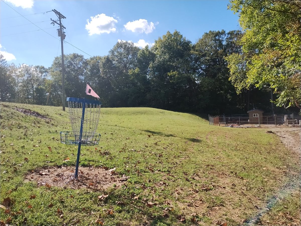 Basket 8 view to tee pad uphill. Water treatment site OB on right. Woods and beyond right