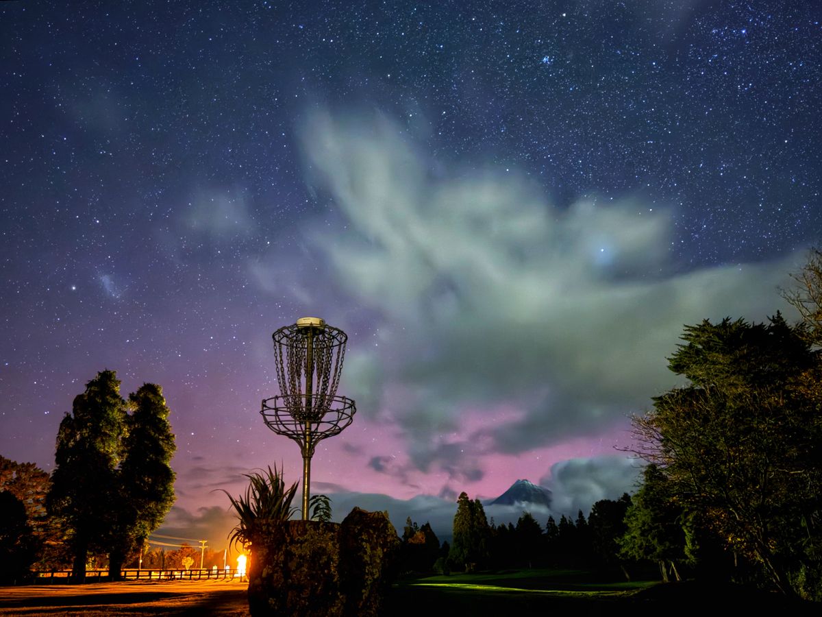 Hole 18 - first day of winter 2025. Aurora & Mt Taranaki with fresh snow