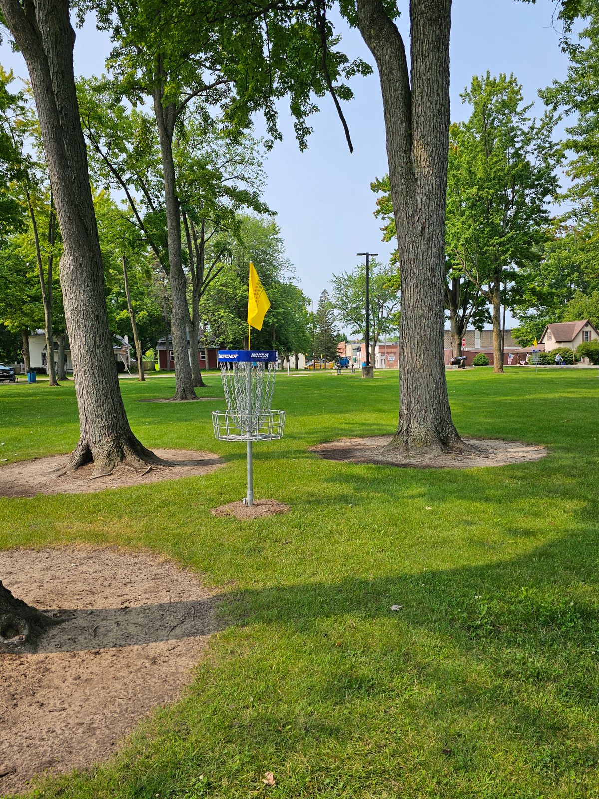 Hole 9 basket to tee. Ends near bathrooms and the parking lot, could run it again, 18 holes, step over to 5 & do 14 holes or hole 1-4 for 13