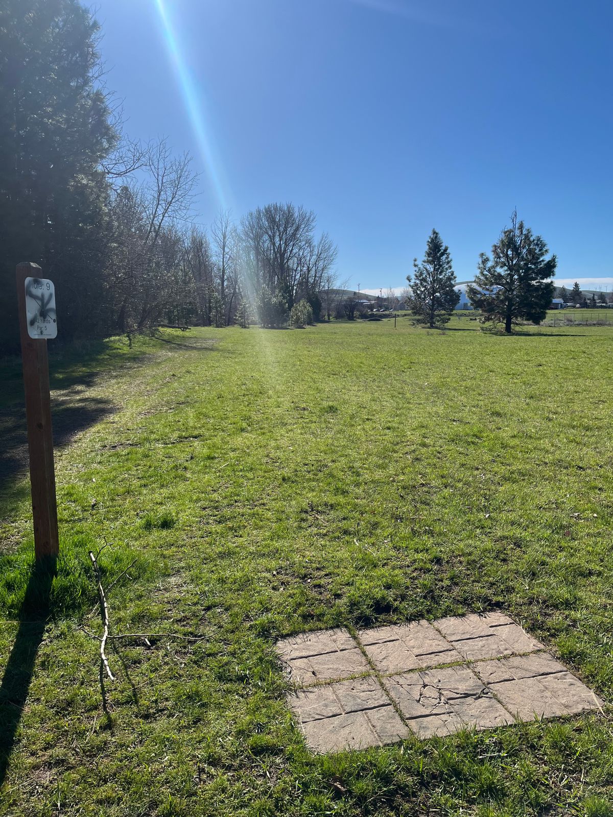 Hole 9 tee pad looking in the direction of the basket. Stream on left side of fairway.