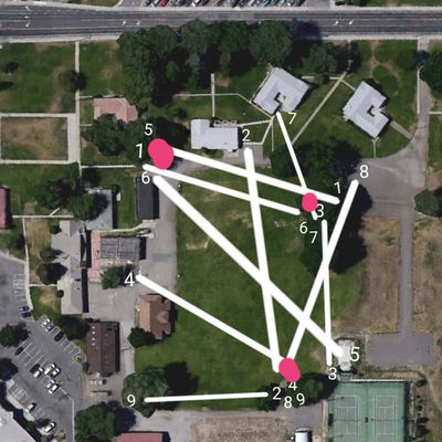 The pink spots are the basket locations. Match the number of the hole to the t-pad location. Email nvcainz@gmail.com 4 hole maps w/distances