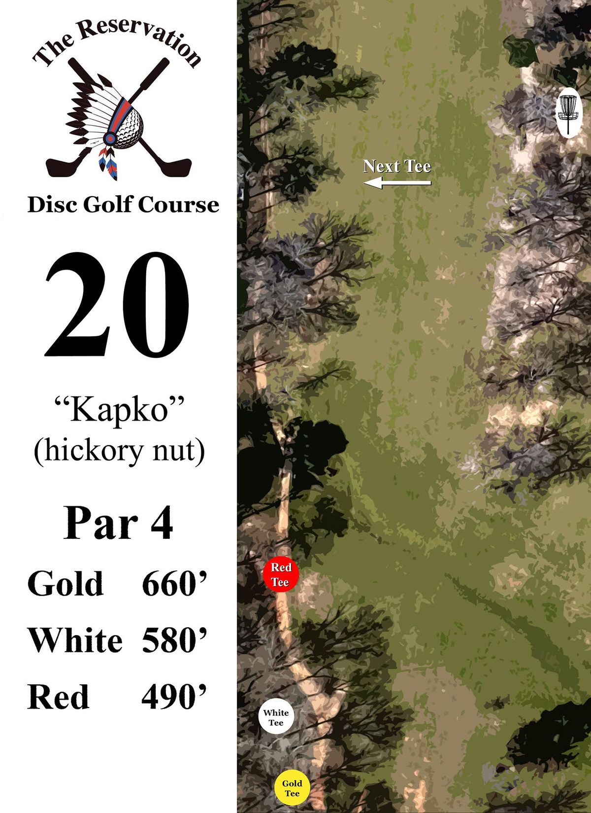 A shortish par 4 with an elevated tee and a basket approach guarded to the right.