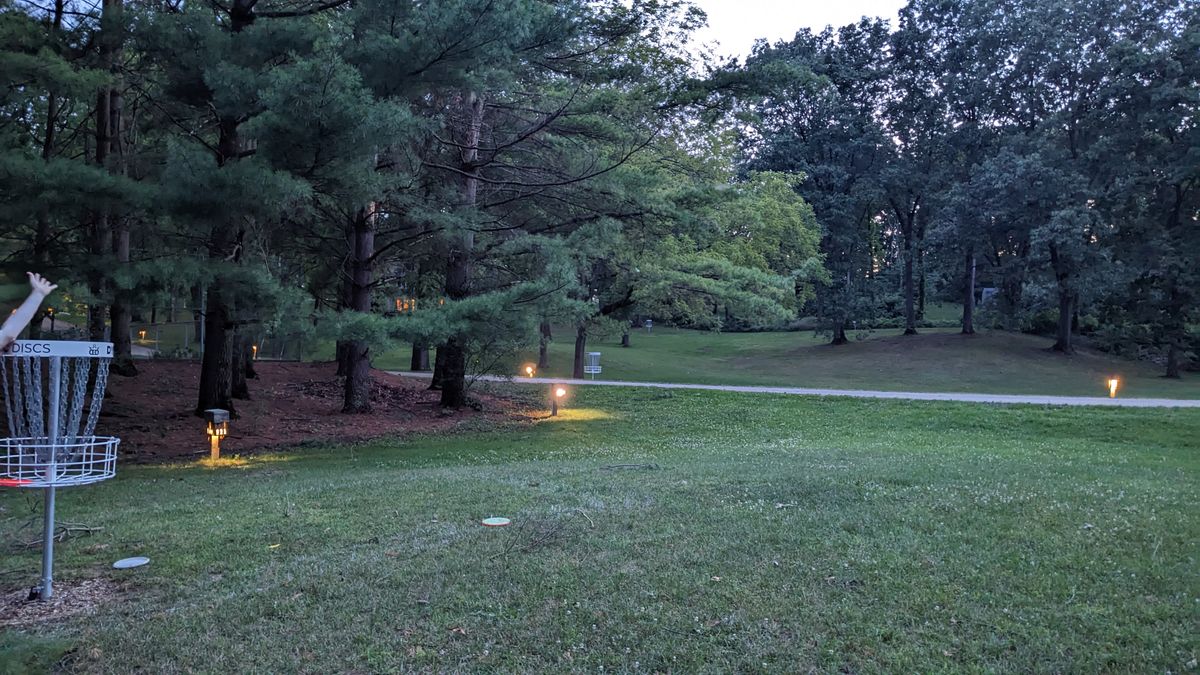 Near basket 9, with view of 2,3 and 4's fairway at night.