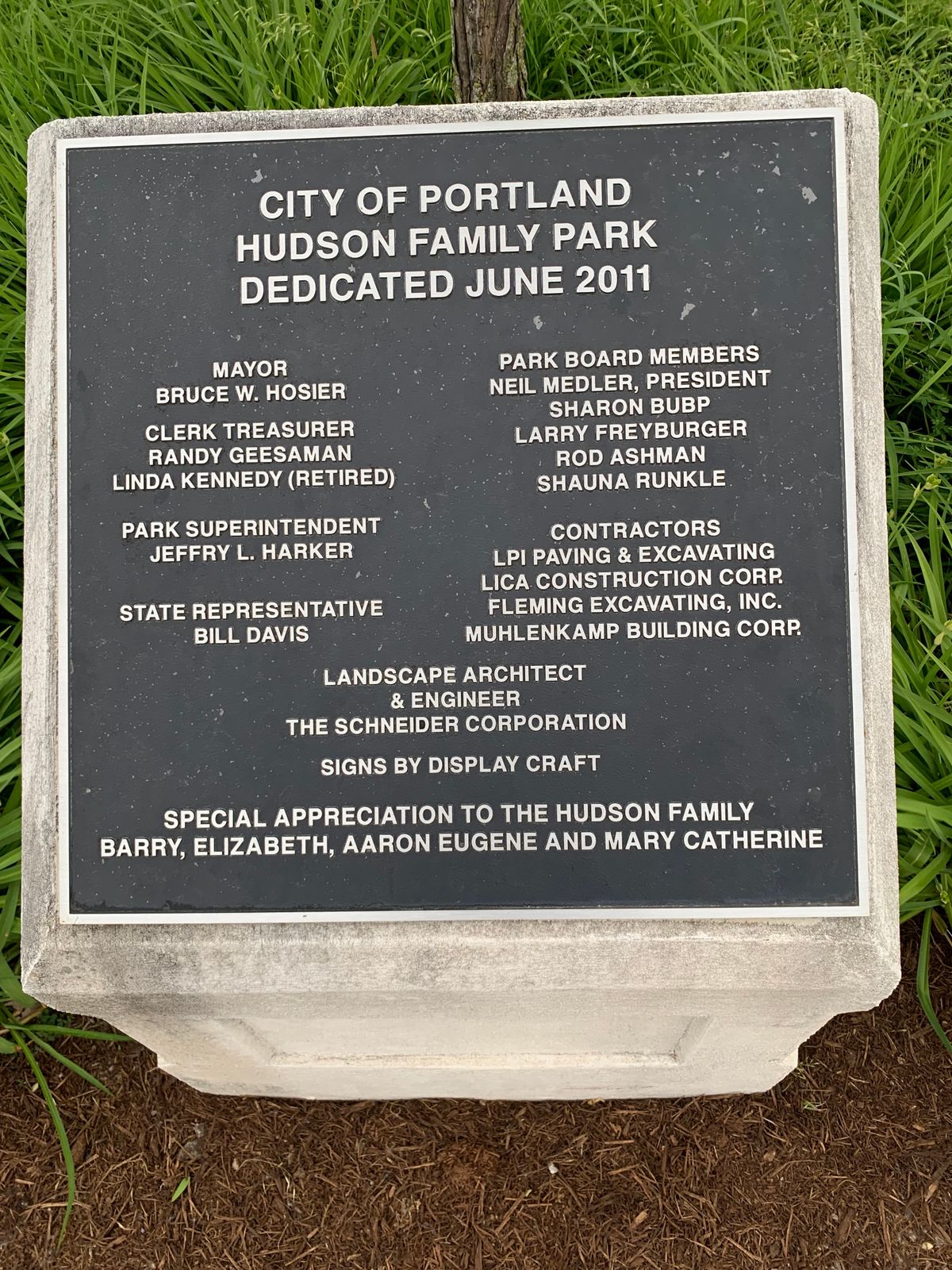 Park dedication plaque.