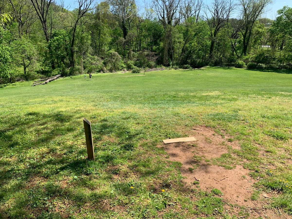 Hole 6 tee. Par 3. Basket is down hill and slightly to the left.