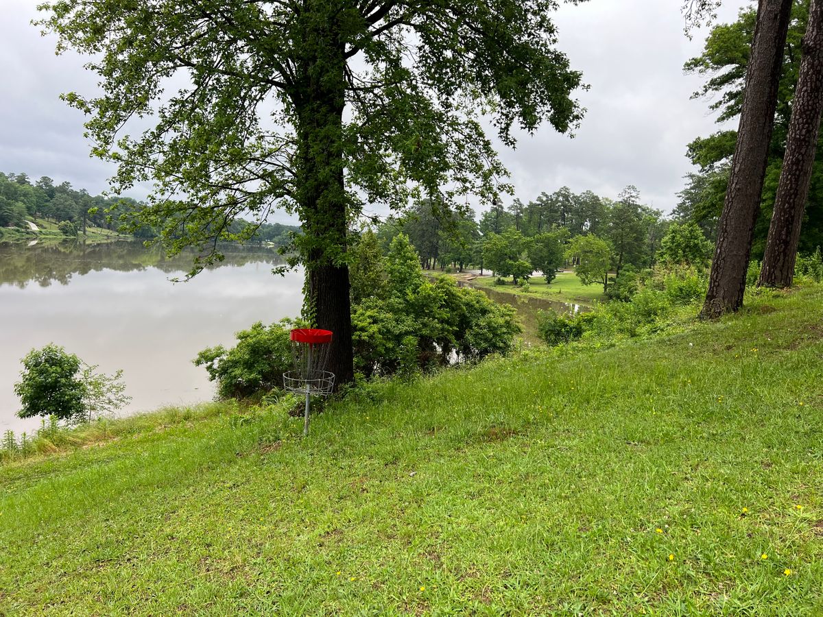 Hole 17 red basket overlooking the lake. 