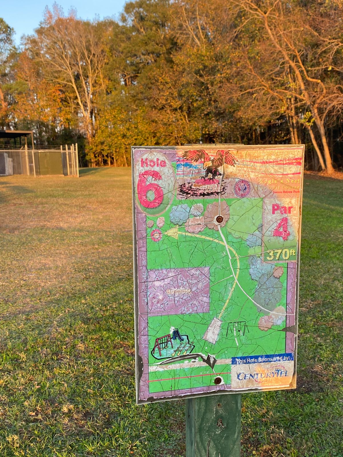 Par 4. Tee off by the swing set