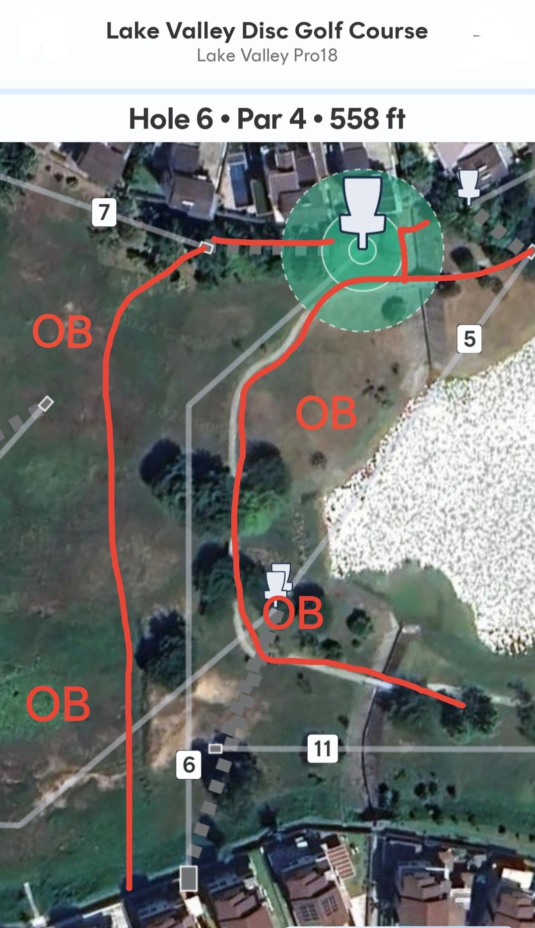 Path and bridge on right OB
White sticks on left are OB.
Ditch and Concrete are OB. 
Remark: temporary sharing same basket with hole 4's basket. 