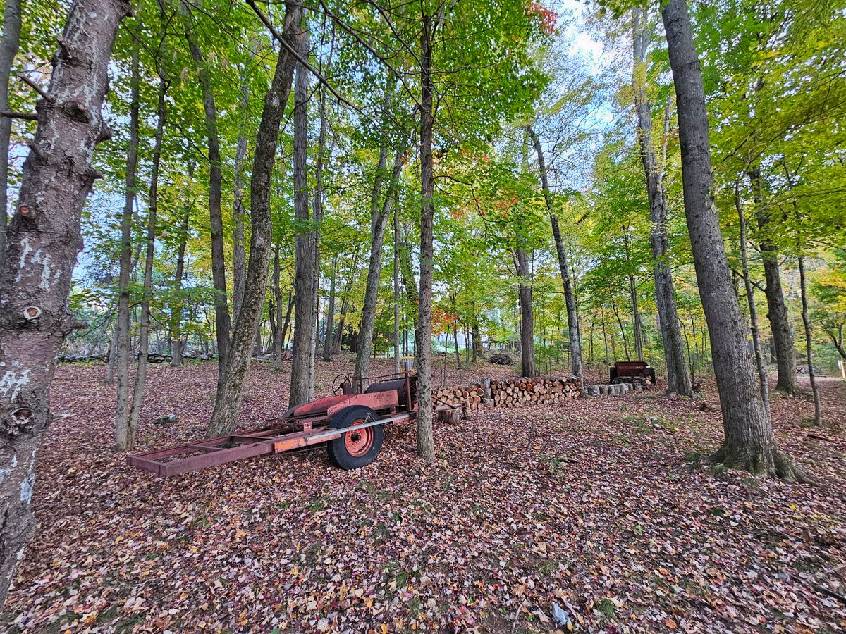 Antique equipment & wood stack barrier between fairways 4 & 5.