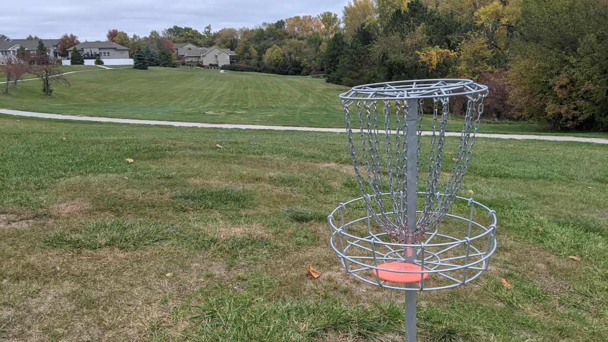 Tee #1. (Basket 3). Hole is at end of treeline