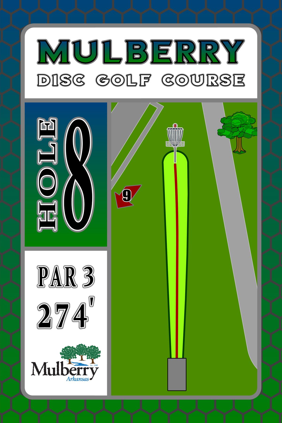 Tee sign hole 8 Mulberry Arkansas Disc Golf Course