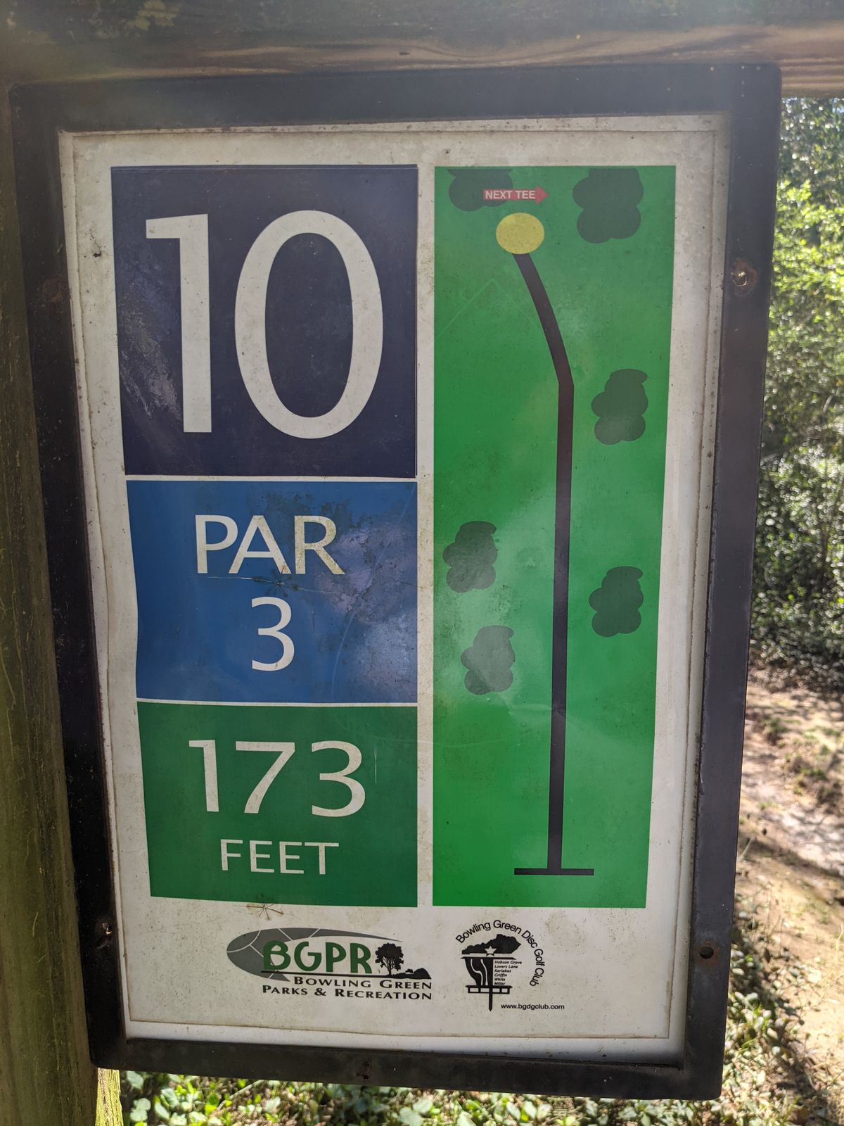 Hole 10 is a short technical hole.  Guardian trees 125 feet out require a well shaped shot.  There is a straight line if you can hold a disc straight the entire flight or an option through the Y formed by the guardians.