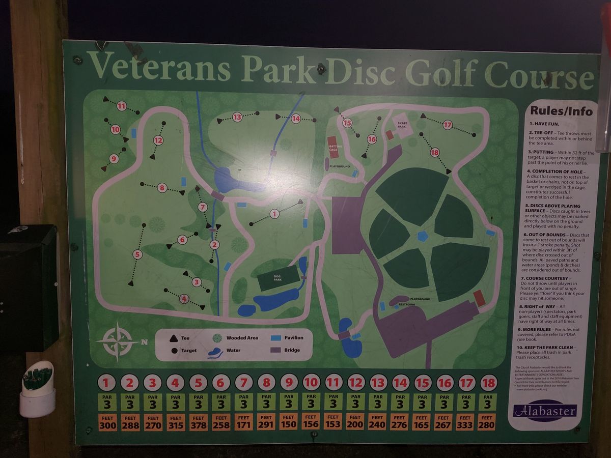 Welcome sign to Veterans Park Disc Golf Course