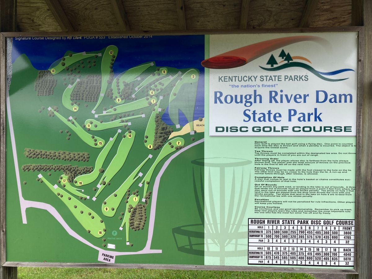 Course map and information, near first tee pad.