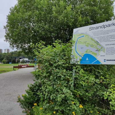 Entrance to park with 2 baskets behind and to the left