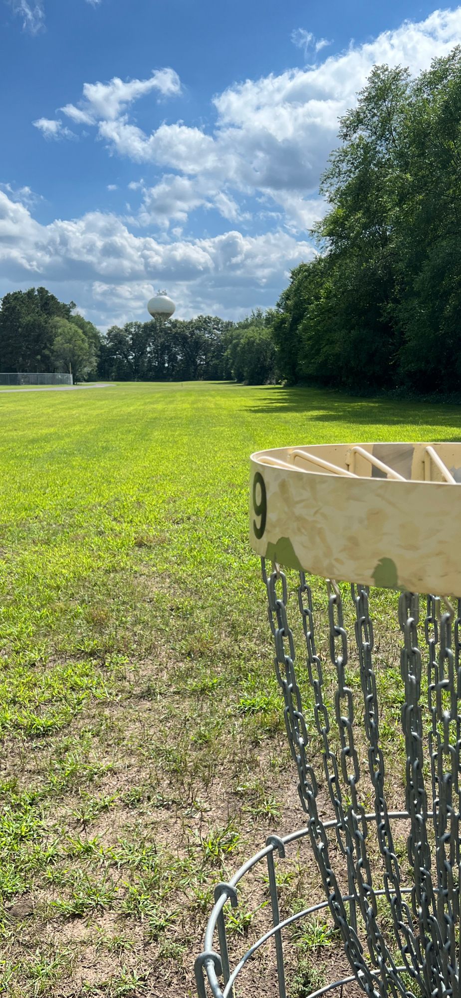 9 from the basket looking at the tee box , bombs away