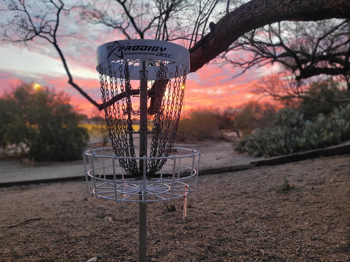 Facing the tee pad of 18. Standard basket.