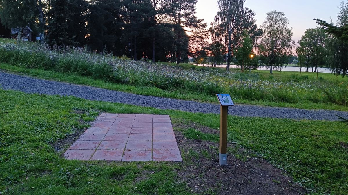 Hål 2. Över höggräs till korg på kulle.