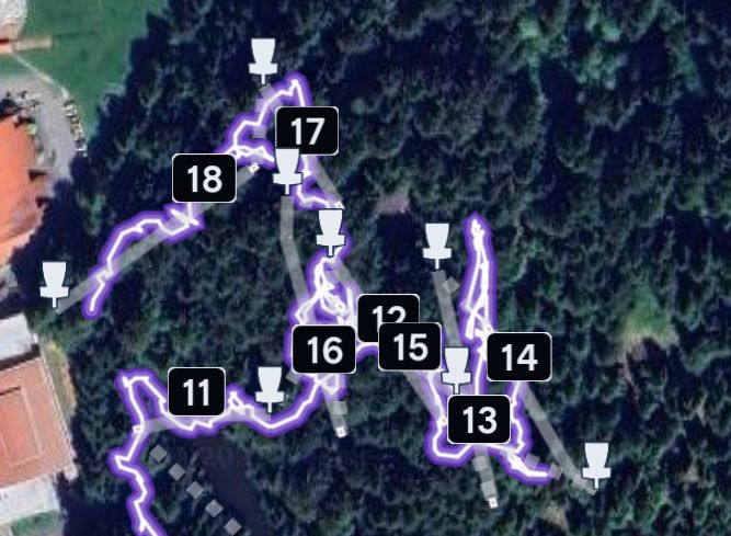 UDisc mapping of our game today showing our path of walking relative to the course layout for holes 11-18.