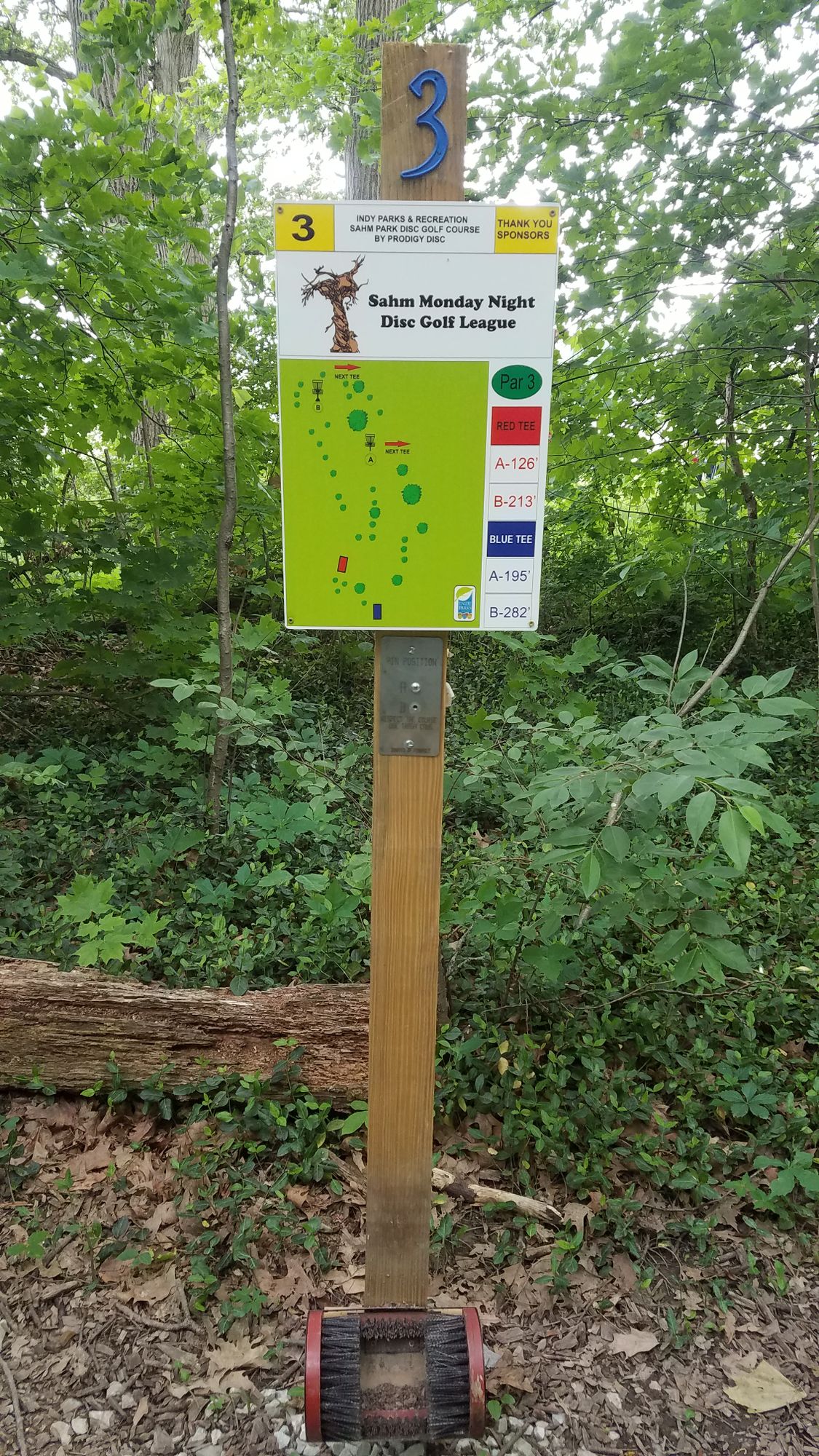 Blue #3 tee sign.  Thank you Monday night league for the sponsorship!