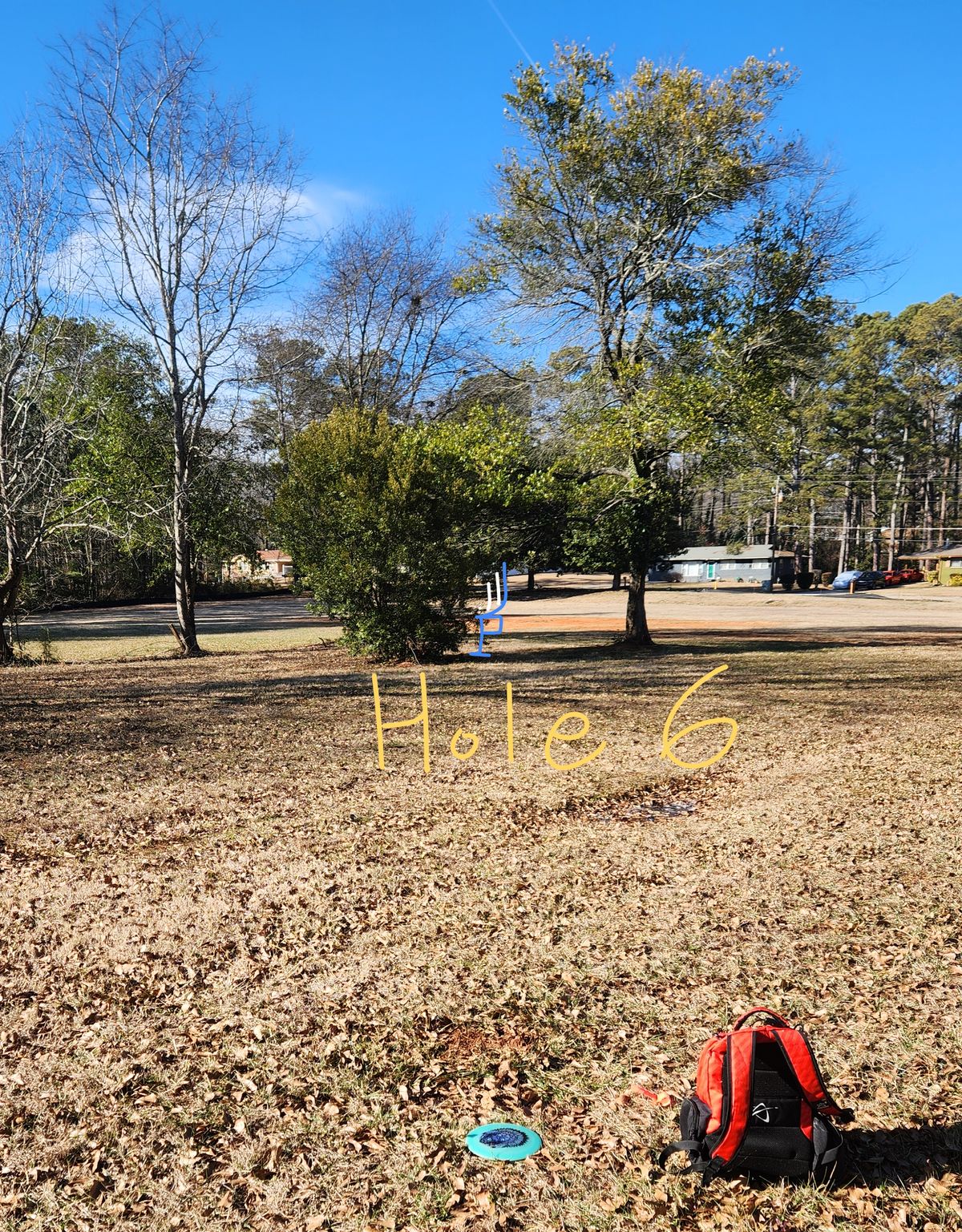 Hole 6 fairway view of basket