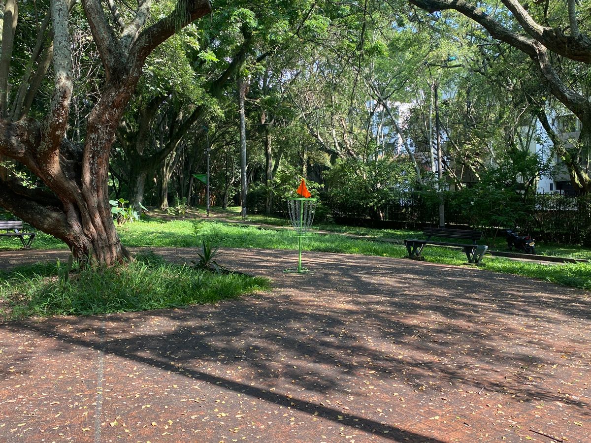 Hoyo 2 Par 4.
Césped alrededor de la baldosa y pista de trote son OB.