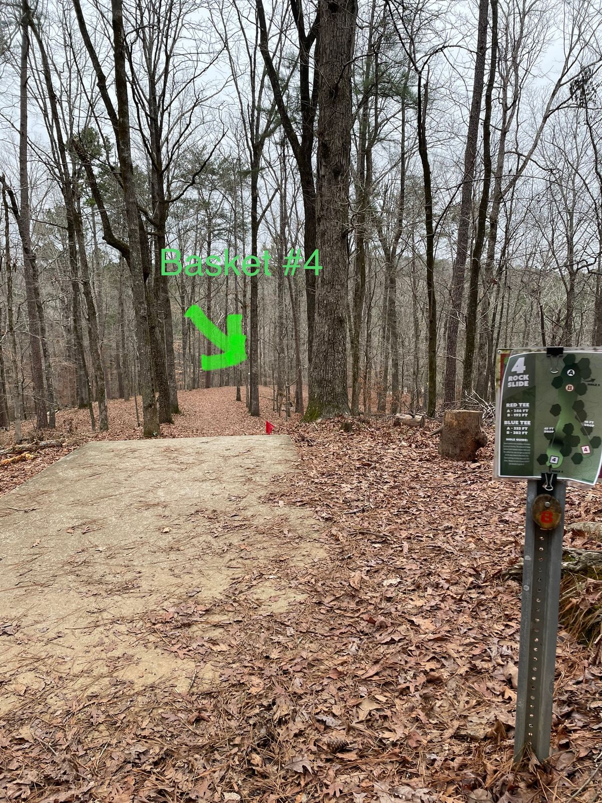 Clear tee pad locations and hole placements. Heavily wooded