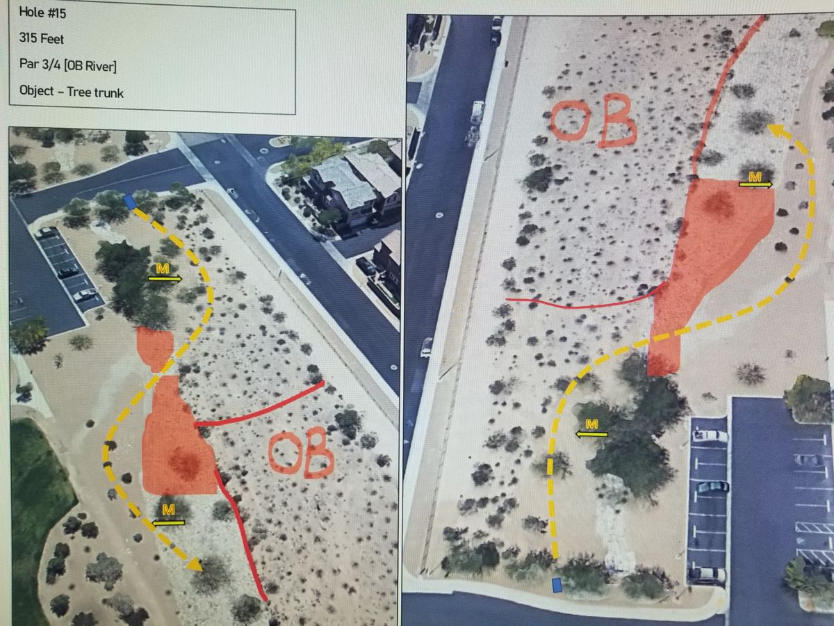Hole 15 is the finishing hole. Could play as hole 12 if field is in use. Mandos and OB river force an S-shot. Tricky little hole...