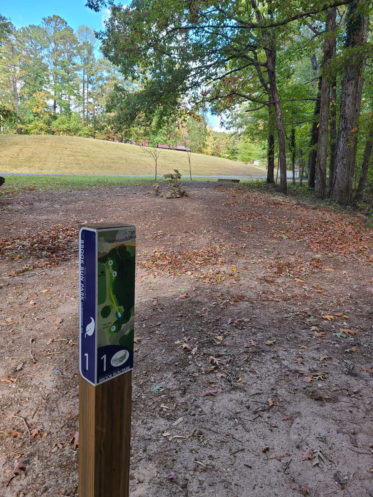 Hole 1, has no concrete tee; baskets are out and to the right of the path